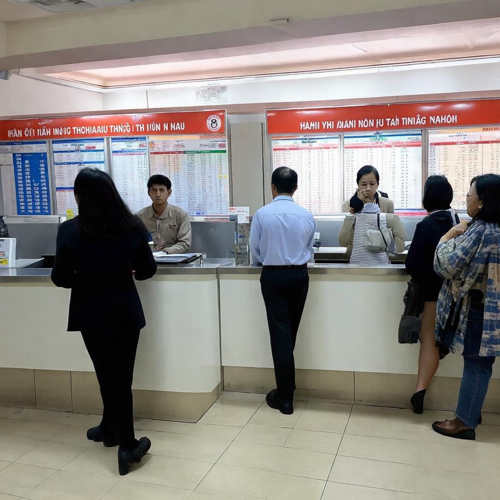 Người dân và doanh nghiệp đang chờ đợi hoặc làm việc tại quầy giao dịch trong Chi cục Thuế Quận Bình Tân, cho thấy không khí làm việc vào giờ hành chính.